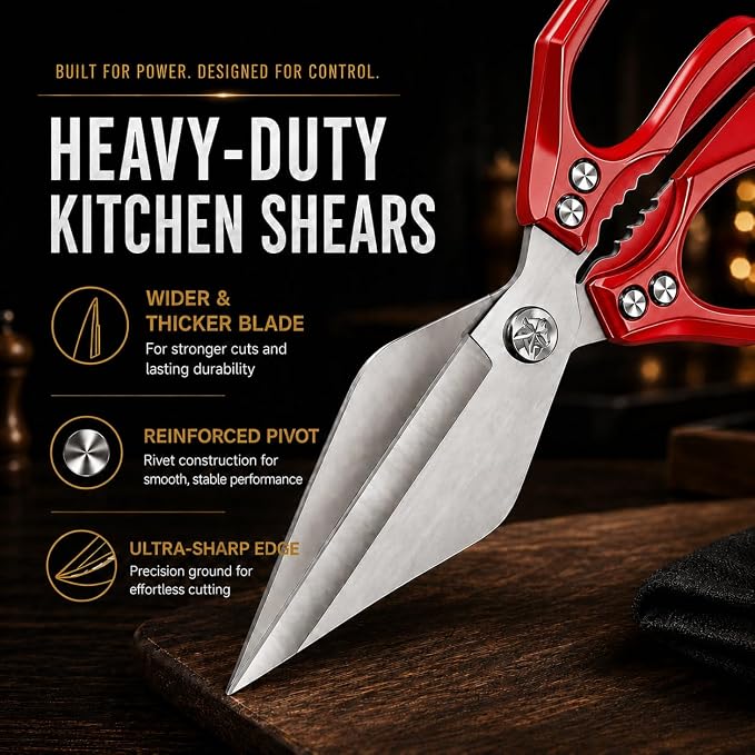 Multifunctional Heavy Duty Poultry Shears, Japanese High-Carbon Steel Kitchen Shears, Kitchen Scissors for Food,Stainless Steel Meat Scissors for Cutting Chicken, Turkey, Meat and Food Prep (Red)