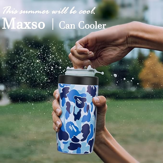 4-in-1 Slim Can Cooler Easy to Hold Insulated Beer Can Holder Double-walled Stainless Steel for All 12 Oz Cans (Camouflage Blue)