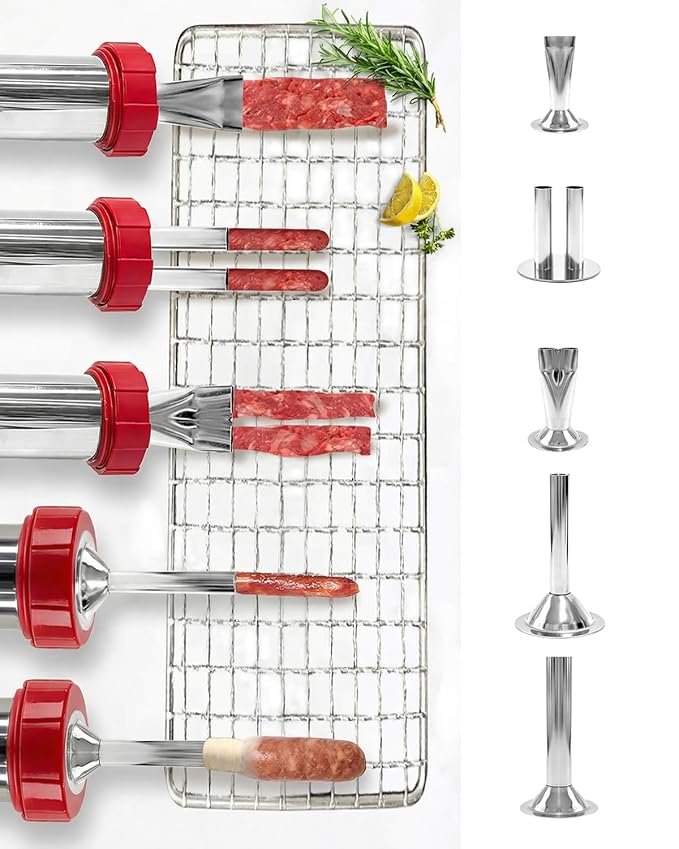 2LB Jerky Gun Kits, Sausage Stuffer, Stainless Steel Beef Meat Maker, Beef Stick Gun, Jerky Shooter Cannon with 5 Versatile Nozzles, 5 Cleaning Brushes and 1 Meat Pusher, Gifts for Women Men