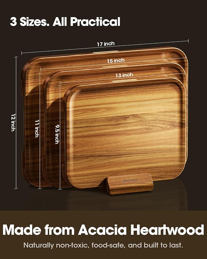 Starkbear Acacia Wood Cutting Board Set of 3 with Stand, Core-Cut Non Slip Wooden Chopping Block, Sloped Juice Groove Reversible Charcuterie Serving Tray for Modern Kitchen Gift