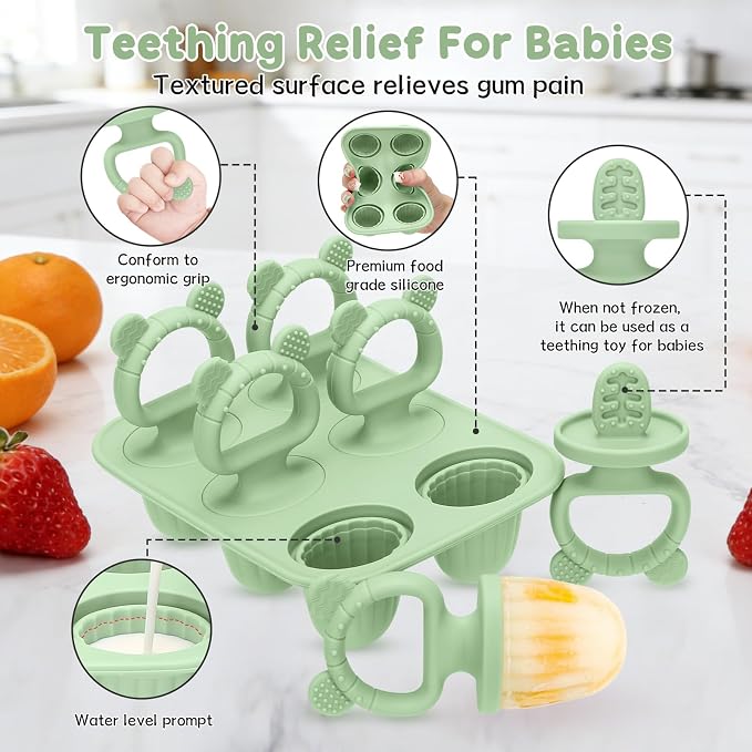 Silicone Baby Popsicle Molds with Sticks, Mini Popsicles Molds for Babies | Breastmilk Popsicle Molds for Teething Relief, Frozen Treats Maker Popsicle Maker Ice Pop Mold for Toddlers Kids(Green)