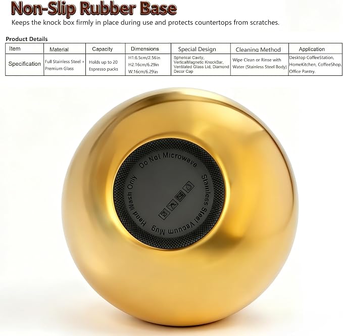 Espresso Knock Box with Glass Lid, Magnetic Knock Bar, Shock-Absorbing Base – Holds 20 Pucks (Gold) | Large Capacity, Stainless Steel ,Coffee Knock Box