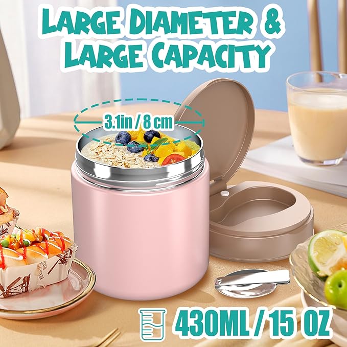 Thermo for Hot Food Kids - 15.2oz with Folding Spoon and Silicone handle | Leak Proof Insulated Food Jar, Soup Thermo, Wide Mouth Insulated Lunch Containers, Dishwasher Safety