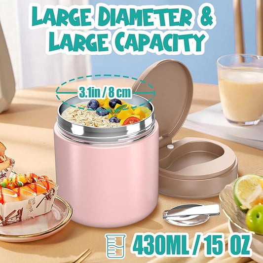 Thermo for Hot Food Kids - 15.2oz with Folding Spoon and Silicone handle | Leak Proof Insulated Food Jar, Soup Thermo, Wide Mouth Insulated Lunch Containers, Dishwasher Safety