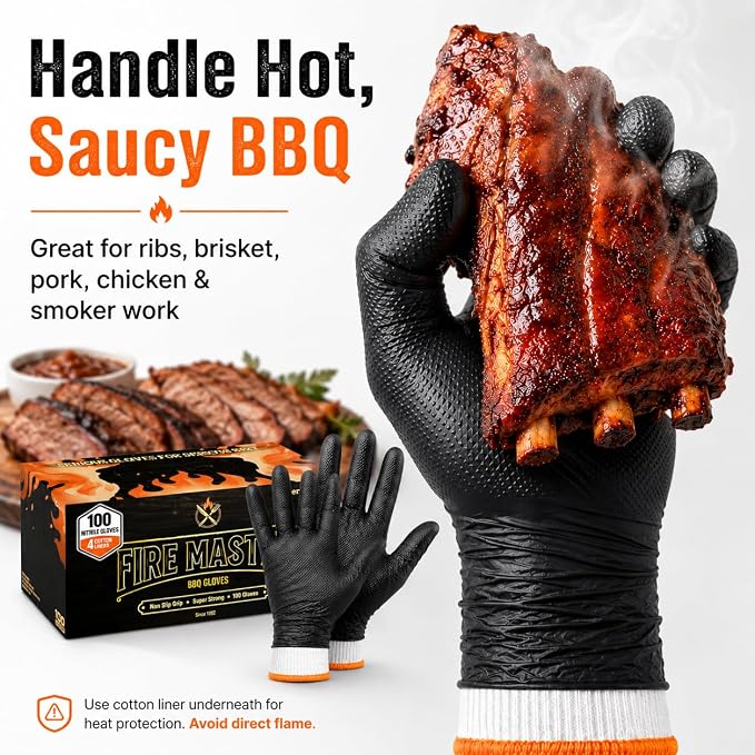PepperMate BBQ Gloves Disposable, 100 Nitrile Gloves + 4 Cotton Liners, 10 Mil Heat Resistant for Grilling, Smoking, Cooking and Meat Handling, Non-Slip Grip, Heavy Duty, Latex Free, Food Safe, Large