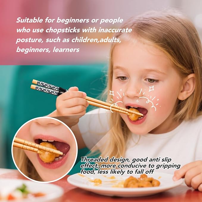 EAEDMY 7 Pairs Training Kid Adult Chopsticks and Trainers for Beginners, Japanese Wooden Beginners Training Chopsticks Helpers Set, Reusable, Dishwasher Safe, L8.86Inch (1.Japanese pattern A)