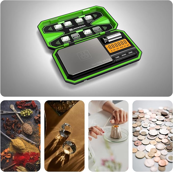 UNIWEIGH Digital Pocket Scale 200g/0.01g, Digital Scale Grams Precision | Jewelry Scale,Coins Scale with 50g Cal Weights for Powder,small items,Tea,Jewelry,Coins (Battery Included)-Fluorescent Green