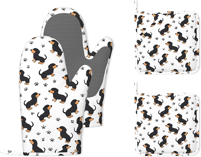 Cute Dachshund Dog Heat-Resistant Silicone Oven Mitts and Pot Holders 4 Piece Set,Extra Long Non-Slip Kitchen Oven Gloves for Cooking, Baking, BBQ,Grilling