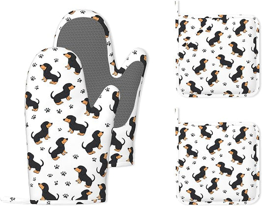 Cute Dachshund Dog Heat-Resistant Silicone Oven Mitts and Pot Holders 4 Piece Set,Extra Long Non-Slip Kitchen Oven Gloves for Cooking, Baking, BBQ,Grilling