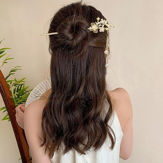 2Packs Lily of the Valley Chinese Hair Sticks for Buns, Pearl Flower Vintage Metal Hair Chopsticks for Women and Girls Dangle Tassel Pendant Accessories Hanfu Handmade Decor Hairpin (pearl white)