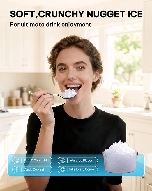 Silonn Nugget Ice Maker Countertop, Pebble Ice Maker with Soft Chewable Ice, One-Click Operation Ice Machine with Self-Cleaning, 33lbs/24H, Stainless Steel