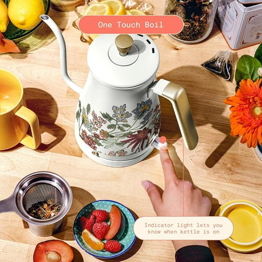 Beautiful 1L Electric Gooseneck Kettle, Precision Pour Spout, 1200W Fast Boil, Auto Shut-Off, Cordless, Stainless Steel, Tea & Coffee Maker with Ergonomic Handle, Wildflower White Icing