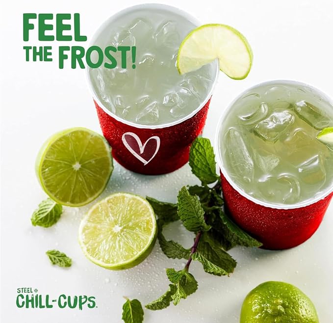 Steel Chill Cups 16 oz. Reusable Party Cups, Love & Heart Design, 12 Count | Made in USA from Steel these durable cups chill fast & keep your drink cold for longer, 100% recyclable for sustainablity