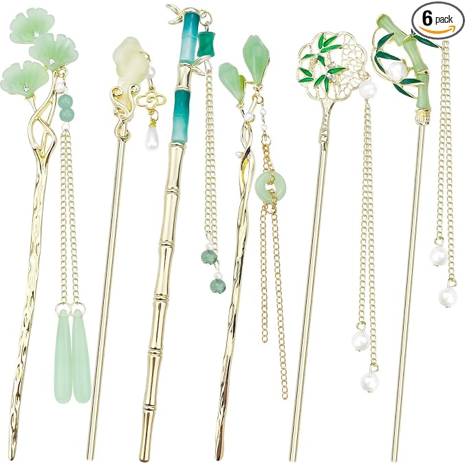 6PCS Chinese Hair Sticks Set, Gold White Japanese Hair Stick with Pearl Flower Bamboo Leaves Design Metal Hair Chopsticks Hair Bun Updo Holders Long Thick Hair Accessories for Women