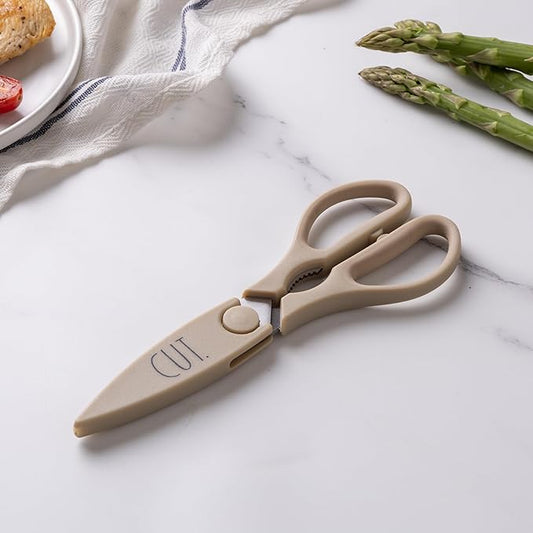 Rae Dunn Kitchen Scissors- Stainless Steel Kitchen Shears, Cooking Scissors for Cutting Meat, Chicken, Herbs and Produce with Blade Cover and Soft Grip Handles (Brown)