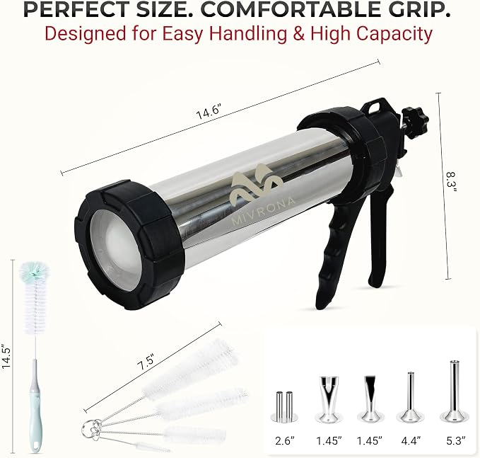 Stainless Steel Jerky Gun & Sausage Stuffer Kit – 1.5 lb Capacity, 5 Nozzle Set, Meat Pusher, 5 Cleaning Brushes, & Food-Safe Gloves – For Beef Jerky, Snack Sticks & Bratwurst