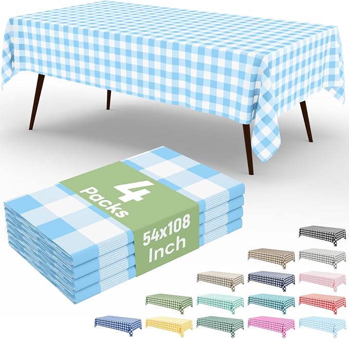 4 Packs Buffalo Disposable Table Cloth, 54 x 108 Inch Waterproof Plastic Tablecloth, Rectangle Baby Blue and White Checkered Table Covers for Picnic, Birthday, Party, Back to School