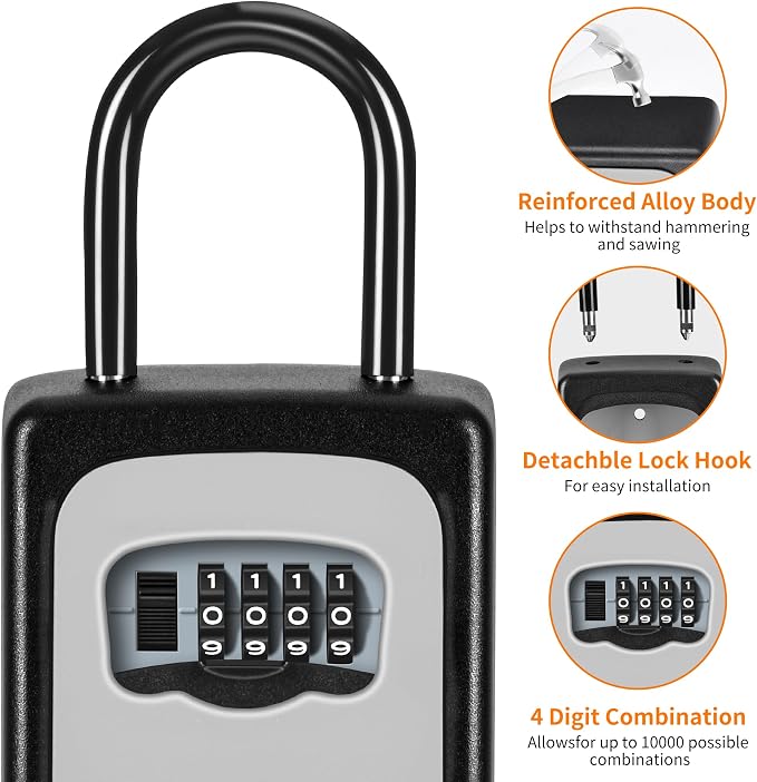 Portable Key Lock Box, Upgrade Clearly Visible Numbers, Lock Box Wall Mounted for House Key, 5 Key Capacity, Weatherproof Resettable Code (White, 4)