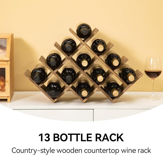 KIRIGEN Wood Wine Rack, 13-Bottle 4-Tier Countertop Holder, Brown 4-DBR | 22.28 x 5.9 x 13.9 In, Freestanding Wooden Rack Stores 13 Wine Bottles for Counters, Cabinets, Pantry Shelves, and Home Bars