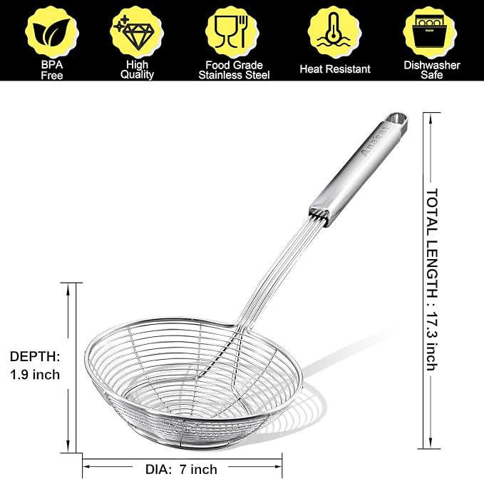 Anaeat Stainless Steel Spider Strainer Skimmer - Solid Kitchen Strainer Ladle with Long Handle for Cooking and Frying, Reinforced Double Coil Slotted Spoons for Pasta, Noodle, Spaghetti (7 Inch)