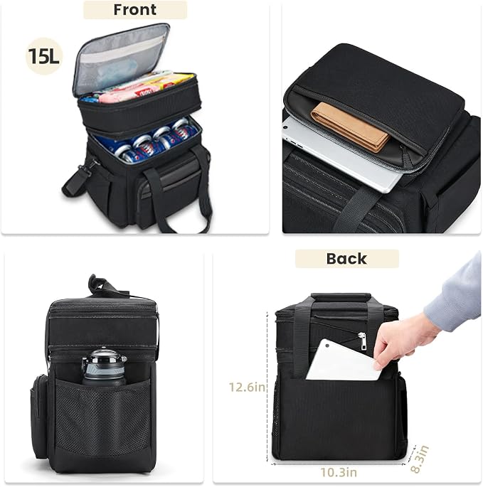 holuxer Insulated Lunch Bag & Lunch Box for Men - Double Deck Reusable Lunch Bag for Women Tote Cooler Bag Leakproof Soft Expandable - Large Lunchbox for Work/Adult/Picnic/Outdoor (Black，15L)