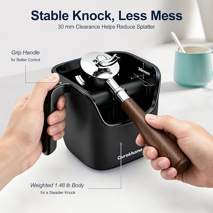 Ourokhome Espresso Knock Box with Lid, Compact Coffee Grounds Container for Home Coffee Bar, Removable Knock Bar, 304 Stainless Steel Exterior, Non-Slip Base & Handle, Easy Clean (Black)