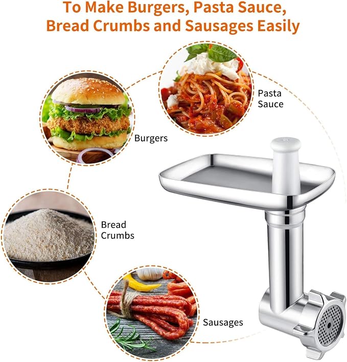 100% Stainless Steel Meat Grinder for KitchenAid Mixer, Dishwasher Safe | Includes 3 Sausage Stuffer Tubes & 4 Grinding Plates, Anti-Corrosion Polished Design（Not include the KitchenAid Mixer）