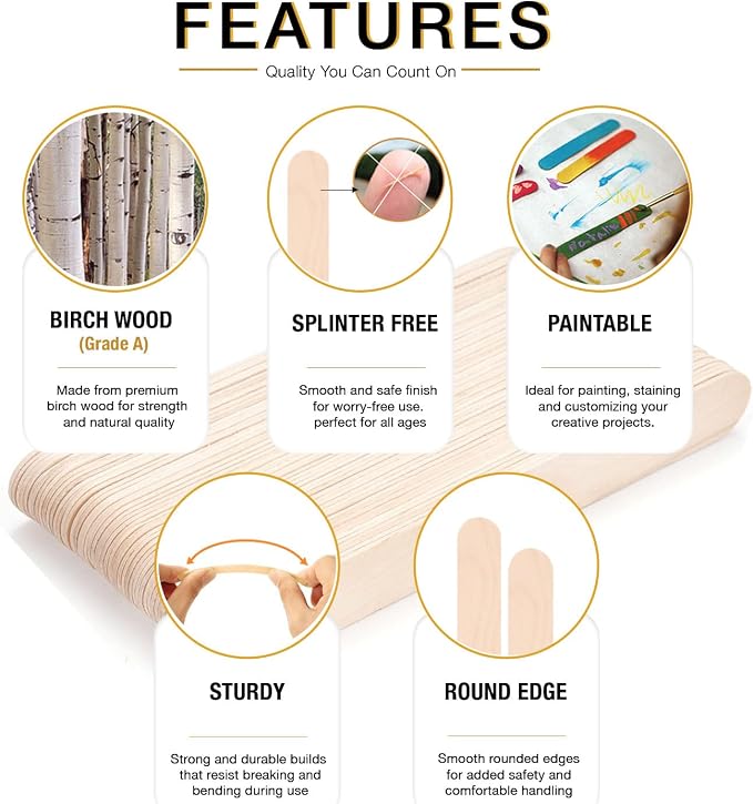 Apremont 500 Piece Large Jumbo Wooden Craft Sticks (6" x 3/4"), Premium Natural Organic Wood for Waxing, Craft Project, Tongue Depressor, Popsicle, Ice Cream Stick,Woodcraft, Paint Stirrer and Art
