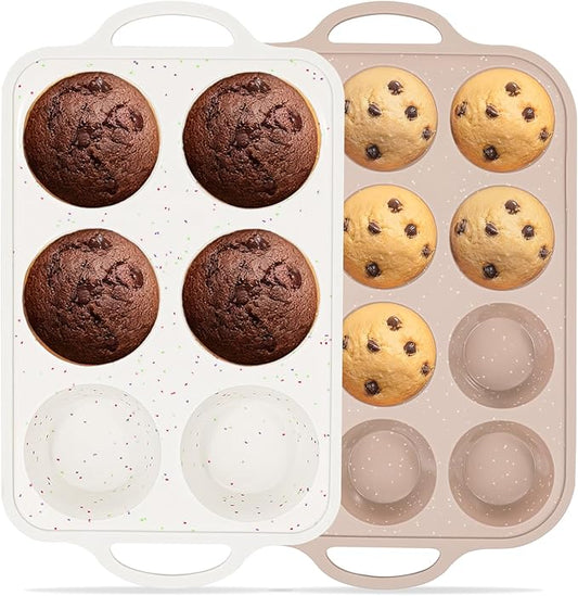 Vinino 2Packs Silicone Muffin Pans for Baking with Metal Reinforced Frame, 12 Cups Regular and 6 Cups Jumbo Nonstick Cupcake Pan, BPA Free Oven Dishwasher Safe Baking Mold for Muffins Cupcakes