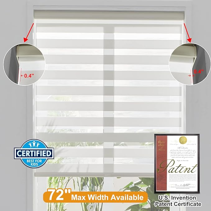 Persilux Cordless Zebra Blinds for Windows Free-Stop Roller Window Shades (39" W X 72" H, Cream) Dual Layer Light Control for Day and Night, Light Filtering Sheer Shades for Home, Easy to Install