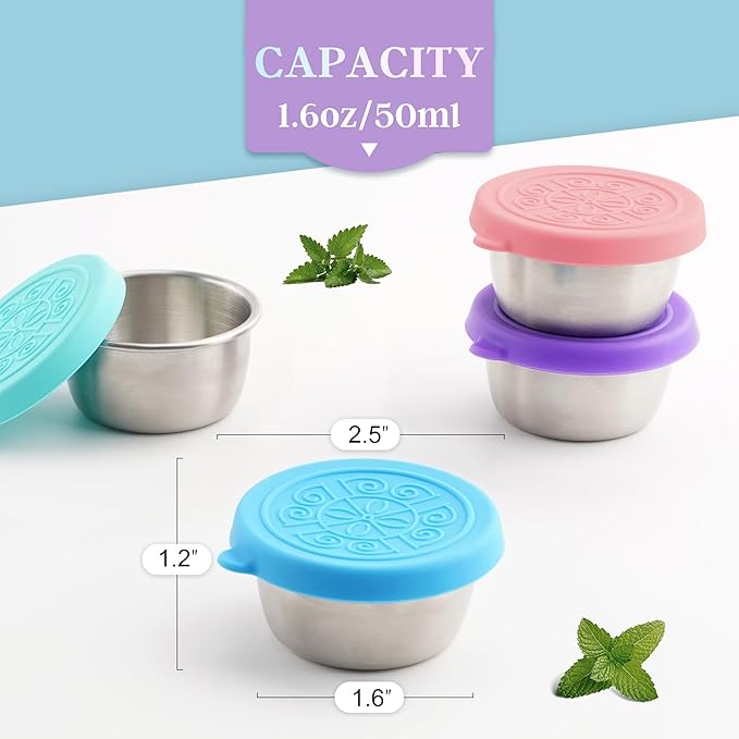 6x1.6 Oz Salad Dressing Containers With Lids, Small Leakproof Reusable Stainless Steel Salad Dressing Container To Go For Lunch Boxes,Sauce containers, Picnics,Travel Meal Prep And Kitchen Storage.
