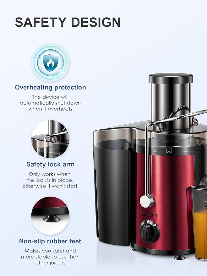 QCen Juicer Machine 500W Centrifugal Juicer with Extra Wide Feed Chute | For Fruits And Vegetables, Stainless Steel, BPA-Free Parts, Easy To Clean, Metallic Red, Countertop Juicer