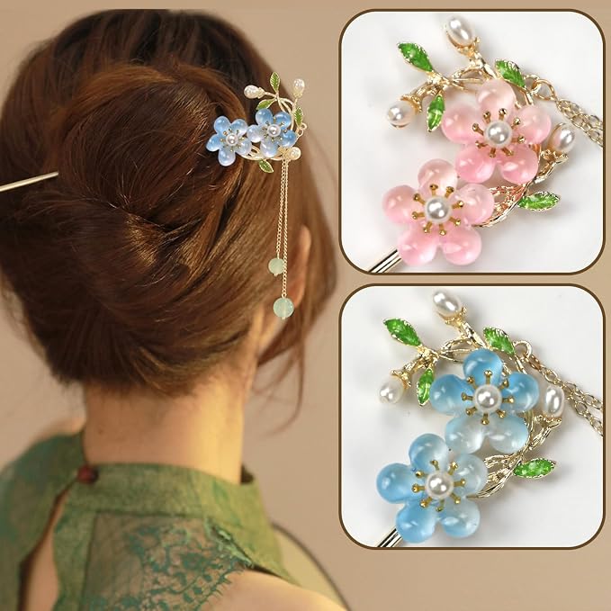 2Packs Lily of the Valley Chinese Hair Sticks for Buns, Pearl Flower Vintage Metal Hair Chopsticks for Women and Girls Dangle Tassel Pendant Accessories Hanfu Handmade Decor Hairpin (blue)