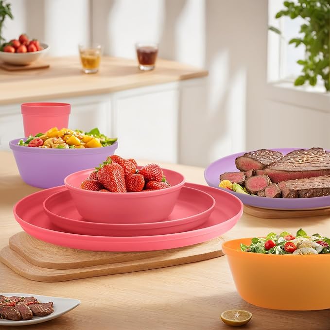 40 Piece Plastic Dinnerware Set for 8 with Cutlery, Unbreakable Plates and Bowls Set, Dishwasher & Microwave Safe Reusable Dish Set for Camping, RV, Outdoor Kitchen, Apartment Dining,Sunset Multicolor