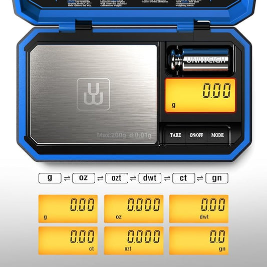 UNIWEIGH Digital Pocket Scale 200g/0.01g, Digital Gram Scale Precision | Mini Jewelry Scales digital weight grams with 50g Cal Weights for food,Jewelry,Coins,small items,(Battery Included)-Blue