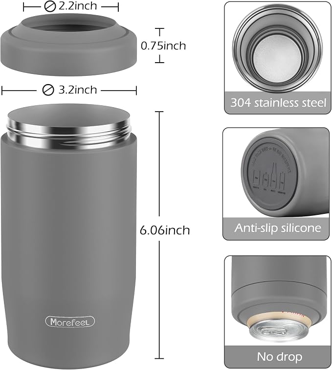 Morefeel 4-in-1 Insulated Can Cooler for 12 oz Cans & Bottles | 304 Stainless Steel Can Holder Fits 12 Oz Slim Cans, Standard Cans, Beer Bottles & Works as A Open Cup; Dishwasher Safe