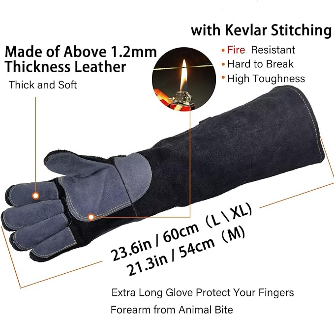 WZQH 23.6 In Gloves for Animal Handling,Welding,Bite Proof for Cat Dog.L | For Grabbing Reptile Bird Falcon Livestock Snake,Grooming,Trips to Vet,Fireplace.Puncture & Scratch Resistant,Leather,Black