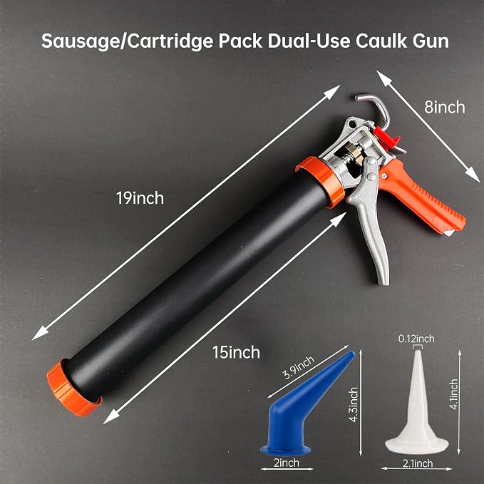 Sausage Tube Caulk Gun,20 oz Sausage Pack/10 oz Cartridge Adhesive Dual-Purpose,18:1 Thrust,15” Aluminum Sealant Hand Caulking Gun With 6 Cone Nozzles and Bent Tip (Black)