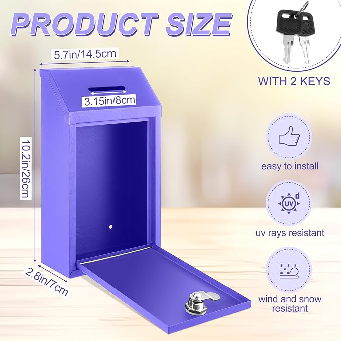 Yaocom Metal Money Box,Purple,10.24 x 5.71 x 2.95 Inch,No Lid | Wall Mounted Drop Donation Cash Box for Farm Stand Collection Safe Suggestion Box with Lock Container for Home Office Outdoor