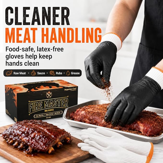 PepperMate BBQ Gloves Disposable, 100 Nitrile Gloves + 4 Cotton Liners, 10 Mil Heat Resistant for Grilling, Smoking, Cooking and Meat Handling, Non-Slip Grip, Heavy Duty, Latex Free, Food Safe, Large
