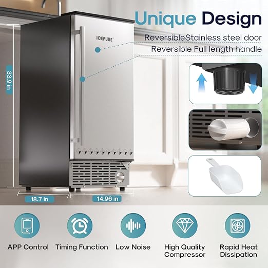 ICEPURE 15" Under Counter Ice Maker with Filter and Drain Pump, WiFi Control, ETL FCC, 90lbs/24H, Self-Cleaning, Smart Reminder, 24H Timer, Freestanding for Home Residential Commercial Stainless Steel