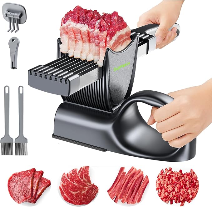 SupMaKin Fresh Meat Slicer with SteadyGrip, Adjustable 2/4 mm, 17 IN 1 | Stainless Steel Manual Meat Cutter, Cleaver Kitchen Knife, Jerky Slicer Suit for Chicken Breast Beef Pork