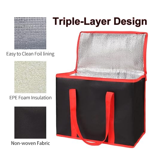 Bodaon 1-Pack Insulated Reusable Grocery Shopping Bags, X-Large, Black-Red | Picnic Cooler Bag with Zippered Top Cold, Insulated Food Delivery Bag for Commercial Rideshare, Collapsible Tote Bags, Picnic