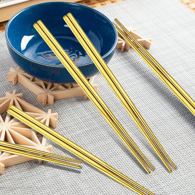 Gold Stainless Steel Chopsticks Set 10 Pairs Reusable Metal Chop Sticks for Japanese Chinese Korean Cuisine Premium Tableware Gift Set Dishwasher Safe Eating Utensils Lightweight Durable
