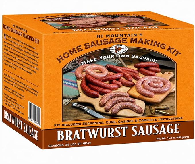 Hi Mountain BRATWURST Kit | Makes up to 24 lbs | Complete bratwurst seasoning kit with cure, natural hog casings & directions. Perfect for pork, beef, venison, deer, & elk