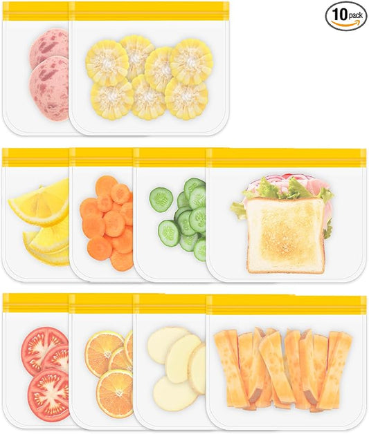 10 Pack Reusable Gallon Freezer Bags, Orange | Dishwasher Safe Silicone Food Snack Storage Bags with 3 Sizes for Snack, Sandwich, Lunch