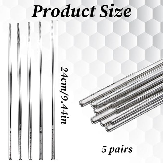 5 Pairs Chopsticks Dishwasher Safe, Stainless Steel Chopsticks | Non Slip Metal Chop Sticks Reusable Japanese Korean Chinese Chopstick for Home Restaurant Cooking Eating
