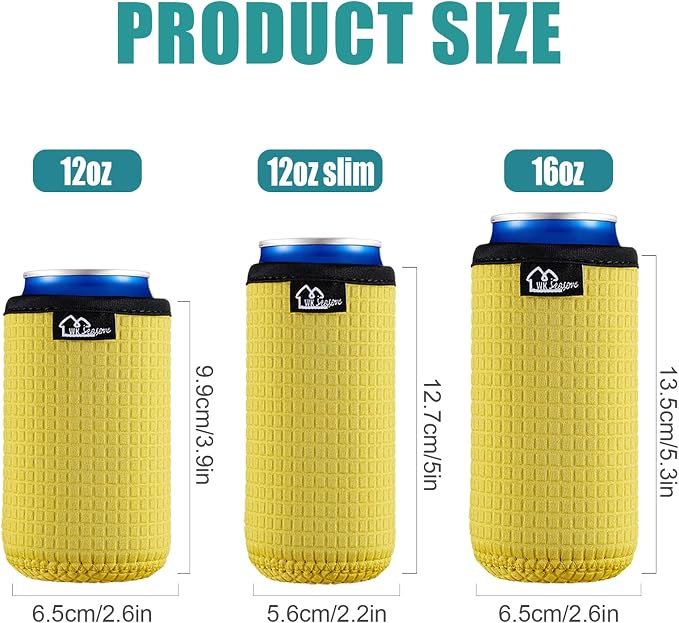 WKieason Non-slip Neoprene Can Sleeves Insulators Sleeves 3 Size - 12OZ Standard Can Sleeve, 12OZ Slim Can Sleeve, 16OZ Standard Can Sleeve, 12OZ Standard Beer Can Coolers Coolier Sleeves(Yellow Set)
