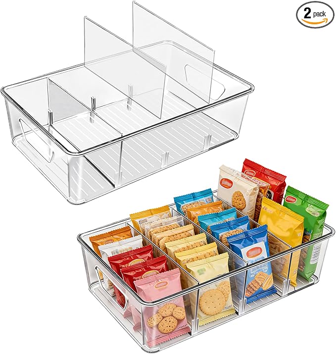 Stackable 4-Compartment Pantry Organizers and Storage, Clear Plastic Storage Bins with Removable Dividers Suitable for Pantry, Office, Kitchen, Cabinet & Fridge Organization, 2-Pack