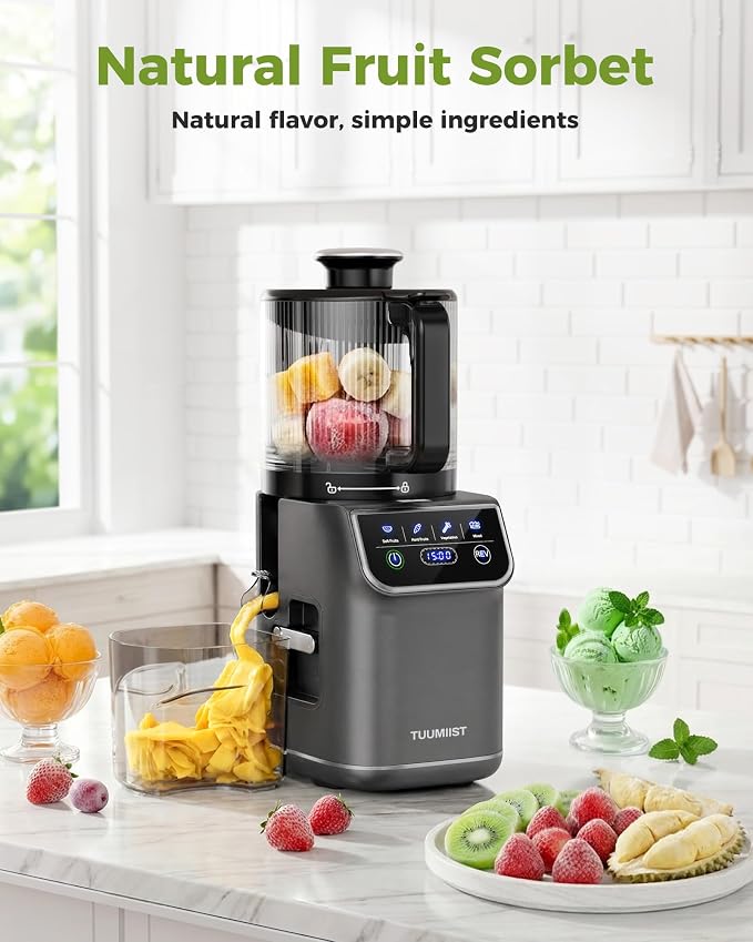 TUUMIIST 3-in-1 Cold Press Juicer Machine, Smart Touch Masticating Juicers for Whole Fruit & Vegetable, 6.5" Wide Chute Slow Juicer for Nut Milk & Sorbet, High Yield, Easy Clean (Gun Grey)